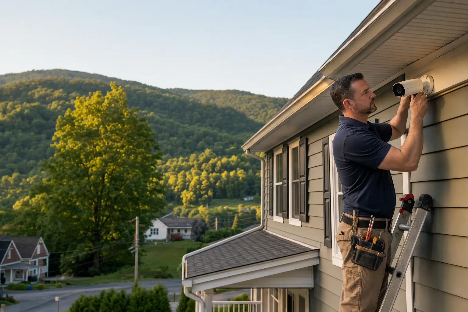 Outdoor security camera mounted beneath a home roofline
